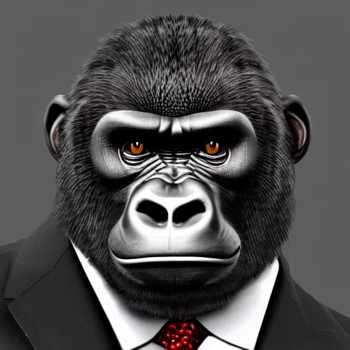 a gorilla in a suit and tie with a serious look on his face and shoulders