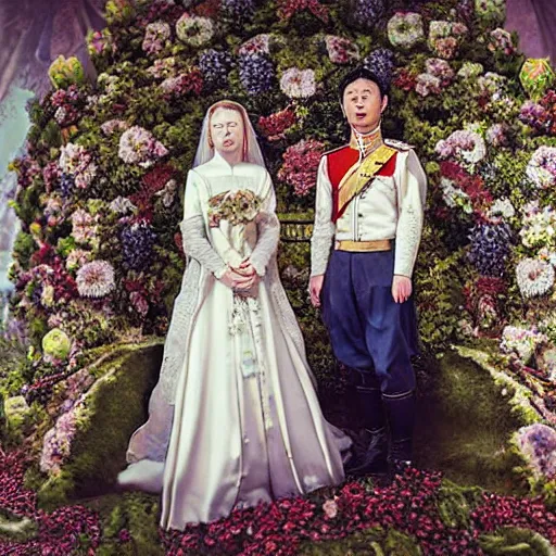 Prompt: A Russian and Japanese mix historical fantasy of a photograph portrait taken of inside a royal wedding floral covered isle inspired by a enchanted ethereal forest, 1907 photo from the official wedding photographer for the royal wedding.