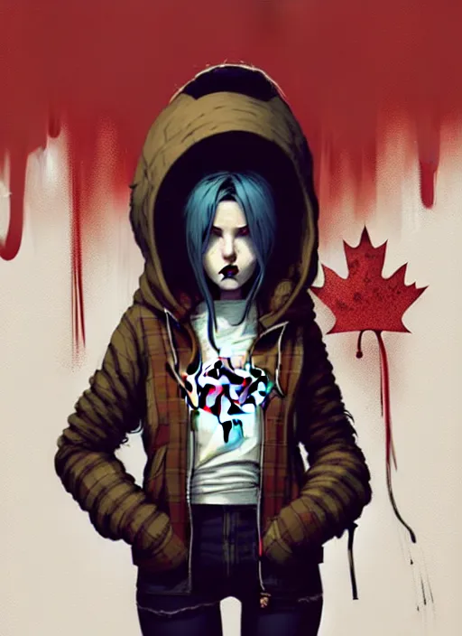 Image similar to highly detailed portrait of a sewer punk canadian lady, tartan hoody, white hair by atey ghailan, by greg rutkowski, by greg tocchini, by james gilleard, by joe fenton, by kaethe butcher, gradient red, brown, blonde cream and white color scheme, grunge aesthetic!!! ( ( graffiti tag wall background ) )