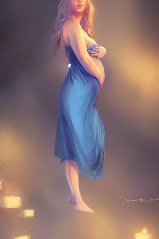 Prompt: pregnant woman in a short blue dress in night under street light, highly detailed, sharp focused, ultra realistic digital concept art by Edwin Longsden Long, Charlie Bowater