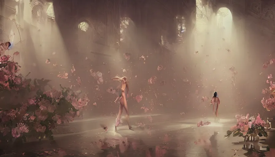 Image similar to victoria secret runway show, light, shadows, reflections, flowers, epic composition, intricate, elegant, volumetric lighting, digital painting, highly detailed, artstation, sharp focus, illustration, concept art, ruan jia, james jean, steve mccurry, raymond swanland, peter andrew jones, greg rutkowski, concept art, iconic