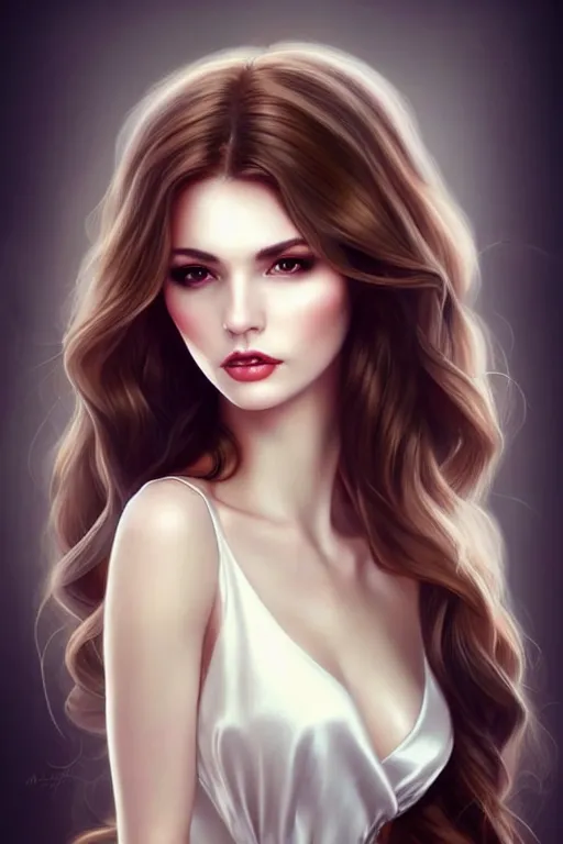 Prompt: Portait of a very very attractive woman with large brown hair in silk white dress, smirking face, femme fatale vibes, intricate, elegant, fantasy, smooth, art by artgerm