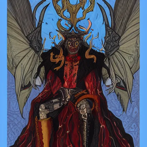 Prompt: a detailed gouache drawing of azazel the enthroned encapsulated in demonskin in the style of dark fantasy, 8k, magic realism, artstation,HQ,deviantart,maximalist