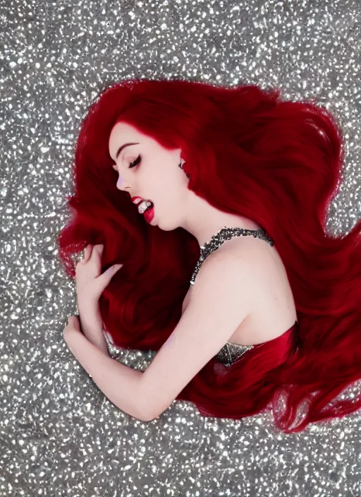 Image similar to ava max bright red hair lying on the floor surrounded by diamonds, canon, highly realistic. high resolution. highly detailed. dramatic. 8 k. 4 k.