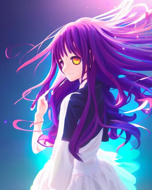 Image similar to anime style, vivid, expressive, full body, 4 k, painting, a cute magical girl with a long wavy black hair, stunning, realistic light and shadow effects, centered, violet sunlight, simple background, studio ghibly makoto shinkai yuji yamaguchi