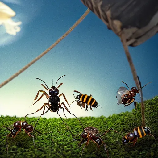 Prompt: Ants walking on a tightrope over a bee hive. Cinematic, dramatic lighting, UHD 8K, award winning