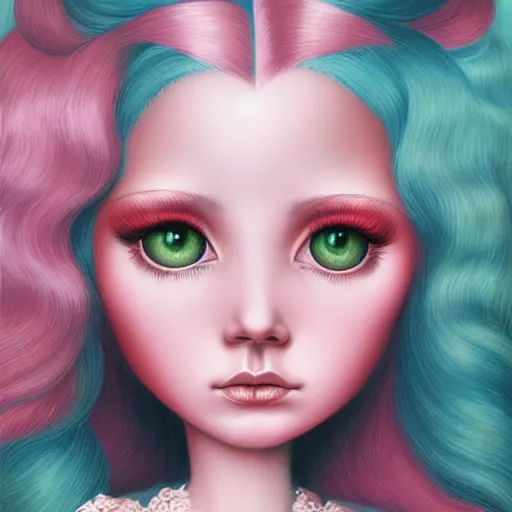 Prompt: a portrait of a beautiful woman with pink hair by mark ryden insanely quality, elegant, highly detailed, digital painting, artstation, concept art, pop, smooth, sharp focus, illustration, art by mark ryden and lisa frank 3 d 8 k ultra detailed