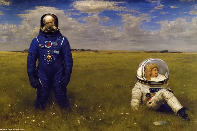 Image similar to sad portrait of an astronaut in a meadow by sir john everett millais, photorealistic, hyperdetailed, ethereal, masterpiece, oil painting