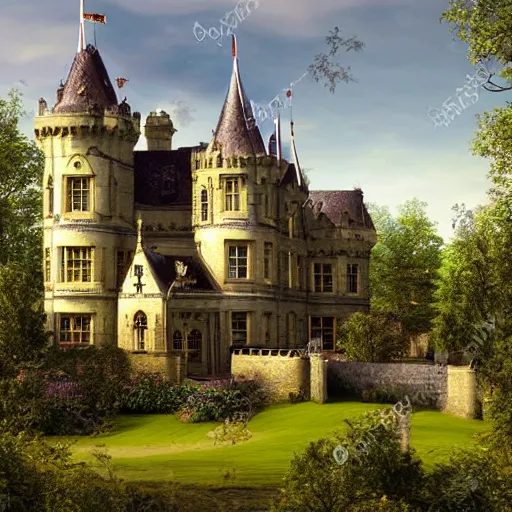 Image similar to England and Wales fairytale victorian castle with a fairytale green roof photorealistic cinematic highly detailed 19th century photorealistic