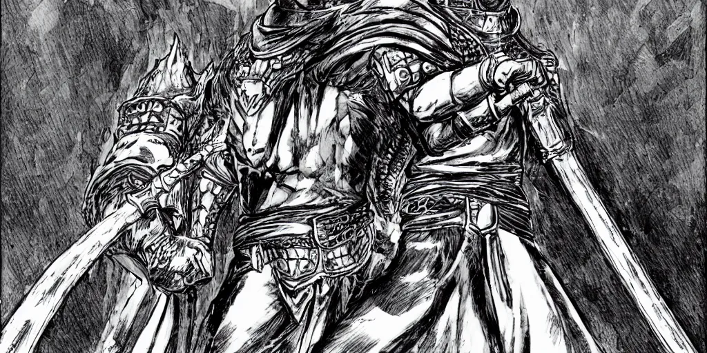 Prompt: guts with one arm, greatsword, detailed face, high detail, castle background, manga style, by kentaro miura