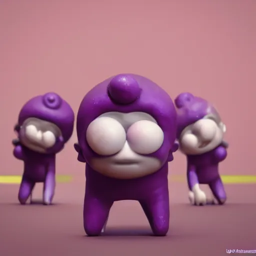 Image similar to purple clay homunculi staring at the camera, cute, octane render