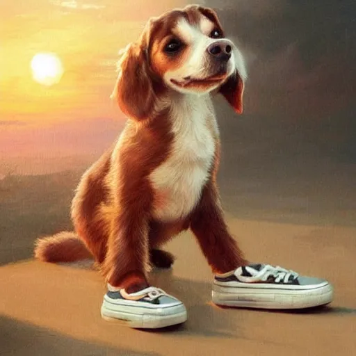 Image similar to a cute dog and a white sneaker shoe with its laces undone, highly detailed, hyperrealistic, sunset in the background, rays of golden sunlight, oil painting by greg rutkowski and artgerm and wlop