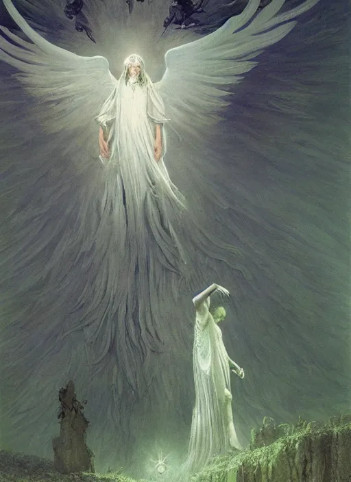 Image similar to giant white glowing angel rising above fallen demon lying on the foggy ground by wayne barlowe, wes anderson, arnold böcklin, roger dean, mikalojus konstantinas ciurlionis, mikhail vrubel and wadim kashin, rich moody colours, 90-s anime, ethereal, lo-fi retro videogame
