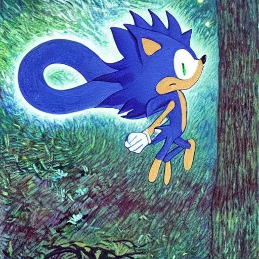 Image similar to sad ominous painting of detailed sonic the hedgehog in the woods at night, in the style of studio ghibli and moebius and claude monet and vincent van gogh