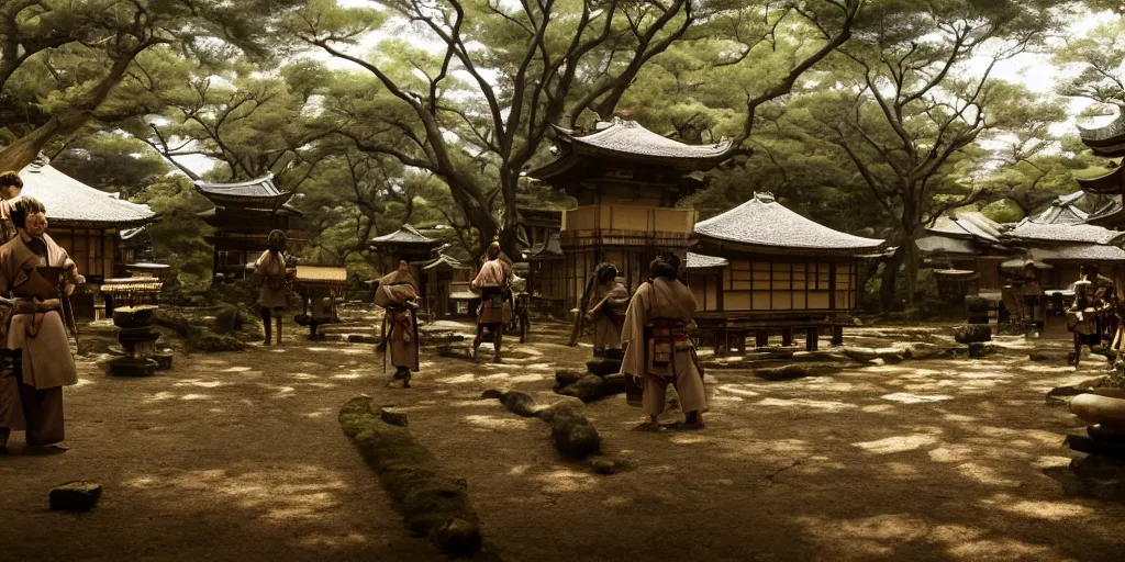 Image similar to a film still of a japanese samurai village in a japanese blockbuster film, landscape, shallow depth of field, cinematic, award winning cgi, vfx, film still