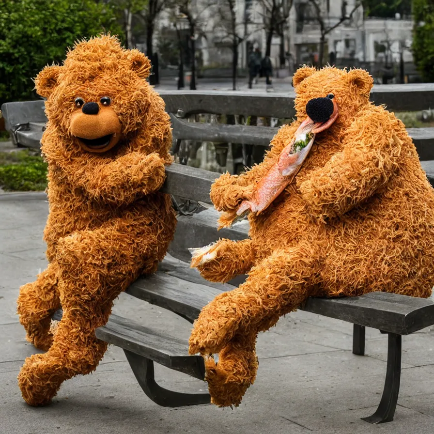 Prompt: beautiful studio photograph of a surrealist assemblage of fozzie bear eating a live salmon on a park bench, sculpted by ron mueck and matthew barney and rene magritte, hysterical realism intense cinematic lighting shocking detail 8 k