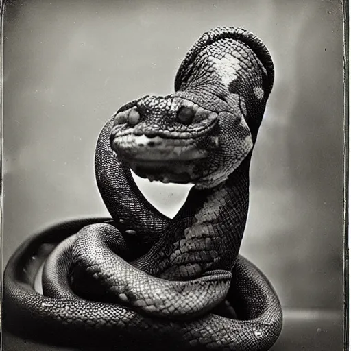 Prompt: a wet plate photo of a boa constrictor!!!! snake!!!!!!!!!!!!! wearing a tiny jester hat : : 5 h 7 6 0