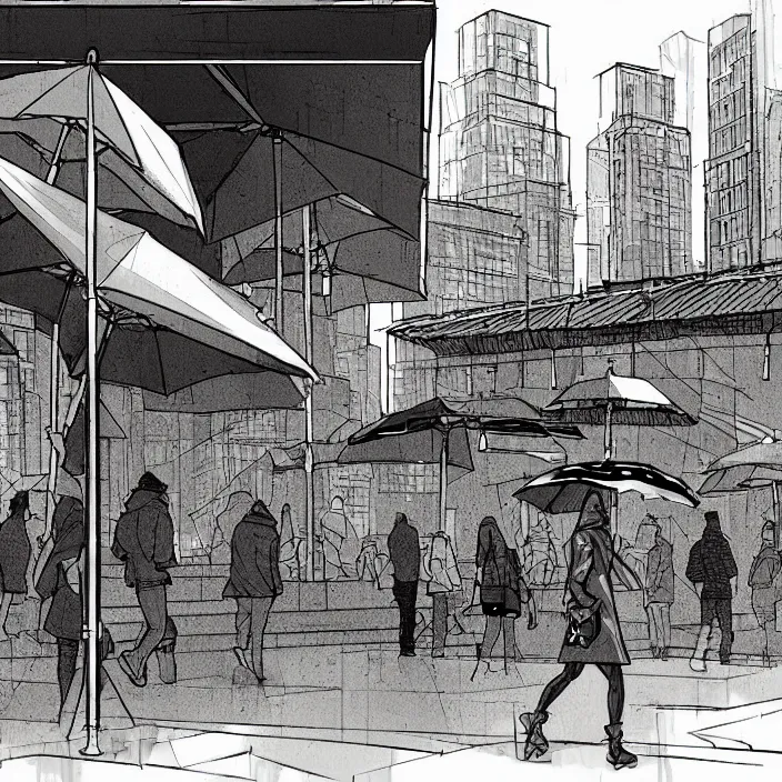 Image similar to close view of market stall. umbrellas on the stall. set in a square, pedestrians walk past. background of old soviet monument. storyboard, scifi cyberpunk. by gabriel hardman, joe alves, chris bonura. cinematic atmosphere, detailed and intricate, perfect anatomy