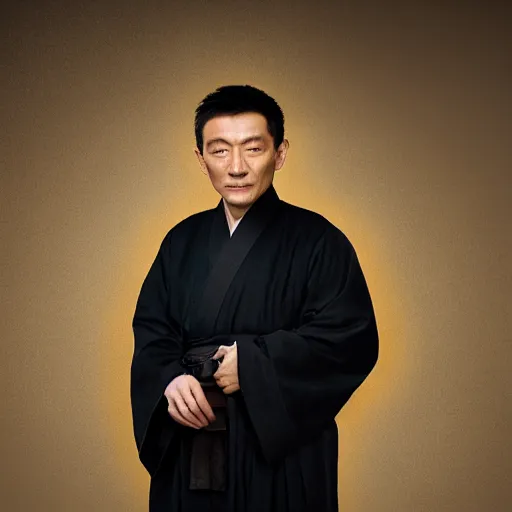 Image similar to portrait painting of a 3 5 - year - old chinese man, taoist priest, dressed in black taoist robe, like andy lau, immortal bone, affable ， wenjun lin, unreal engine 5 highly rendered, global illumination, radiant light, detailed and intricate environment