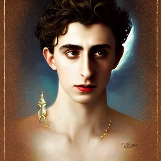 Prompt: portrait of timothee chalamet as a magical genie, art by tom bagshaw and manuel sanjulian and franz xaver kosler