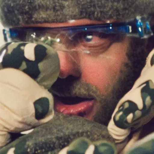 Image similar to filmic extreme close up shot movie still 4 k uhd interior 3 5 mm film color photograph of a scientist attacking a camouflaged solder in a lab in antarctica by grabbing him with his claw