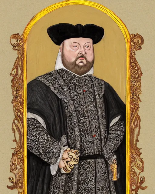 Image similar to fat gray cat with yellow eyes dressed like henry viii, tudor period clothing in scarlet gold and black, royal robes, greg rutkowski, royal portrait, painting