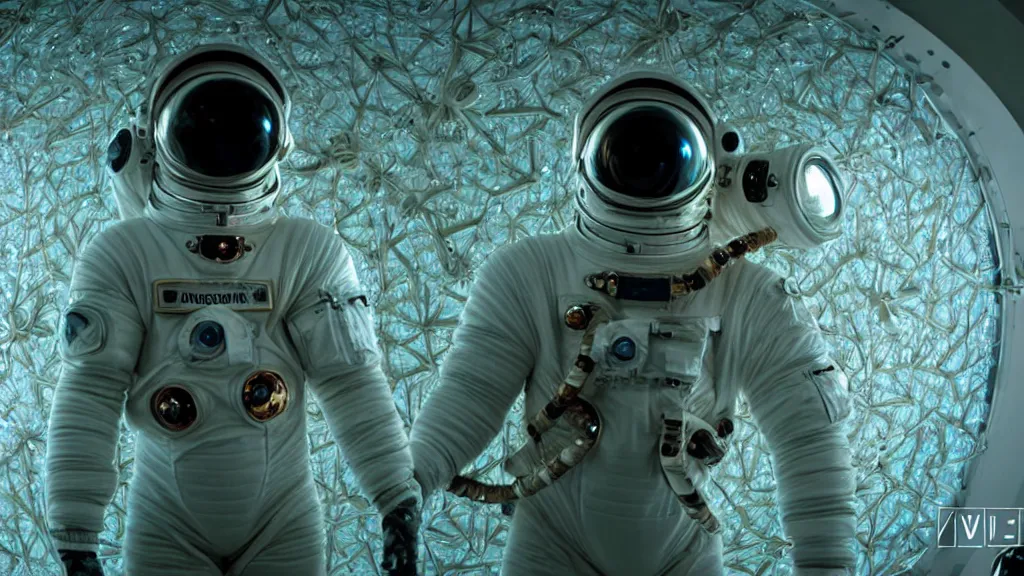 Image similar to a cybernetic symbiosis of a single astronaut eva suit with diamond 3d fractal lace iridescent bubble 3d skin covered with insectoid compound eye camera lenses floats through the living room, film still from the movie directed by Denis Villeneuve with art direction by Salvador Dalí, wide lens,