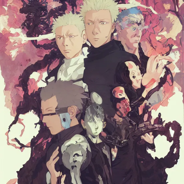 Image similar to anime portrait jujutsu kaisen, futuristic science fiction, mucha, hard shadows and strong rim light, art by jc leyendecker and atey ghailan and sachin teng
