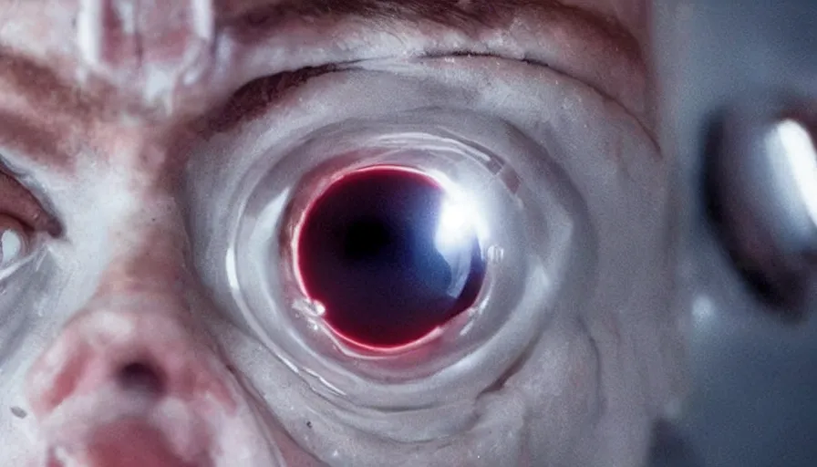 Image similar to big budget horror movie about cyborgs performing illegal eyeball transplants