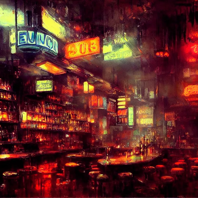 Image similar to neon bar interior by jeremy mann greg rutkowski beautiful detailed painting