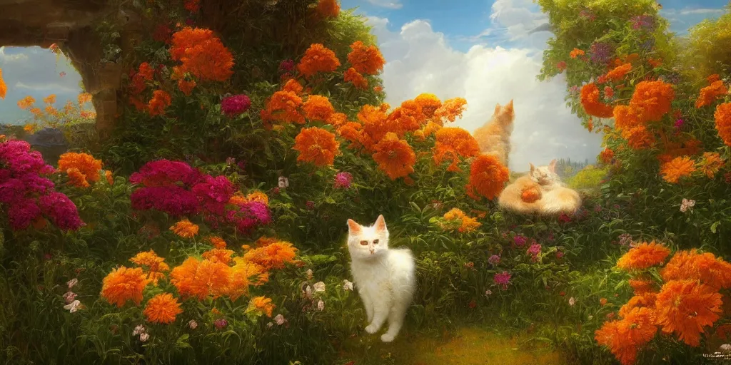 Image similar to orange fluffy cat with flowers growing near, Thomas Cole, artgem, Tyler Edlin and Jean Delville, wide angle, minimalistic, highly detailed, masterpiece