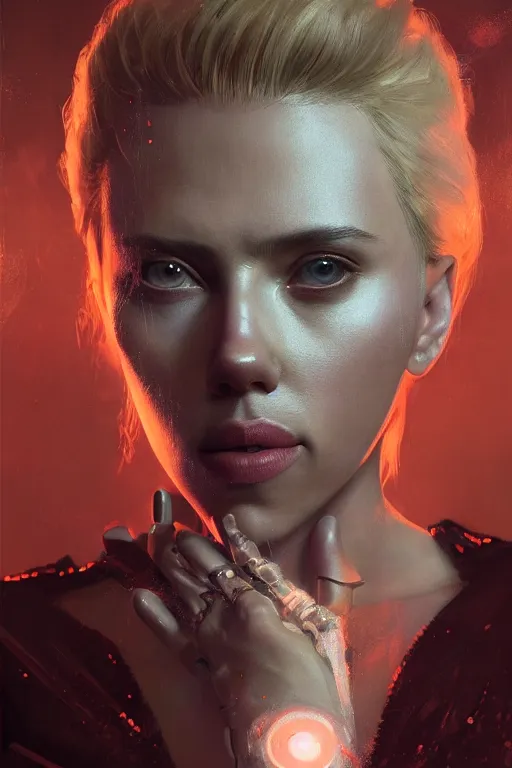 Image similar to a fancy portrait of a Scarlett Johansson as half human half robot by Greg Rutkowski, Sung Choi, Mitchell Mohrhauser, Maciej Kuciara, Johnson Ting, Maxim Verehin, Peter Konig, final fantasy , mythical, 8k photorealistic, cinematic lighting, HD, high details, atmospheric,