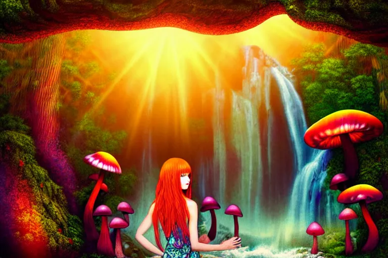 Prompt: a realistic portrait of a beautiful asian red haired psychedelic mushroom goddess, standing inside a waterfall, in an enchanted psychedelic mushroom forest, butterflies, sunbeams at sunset, wlop