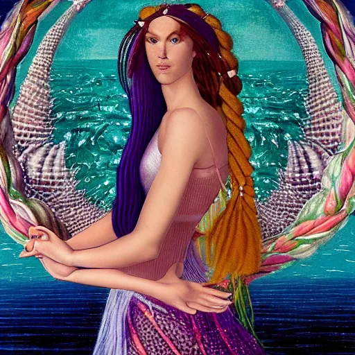 Image similar to techno mystic goddess princess intergalactica, with aqua neon rapunzel dreadlocks, detailed, wearing seashell attire, crystal pathway to atlantis floating on the sea, by gilbert williams masterpiece, sharp focus, sandro botticelli