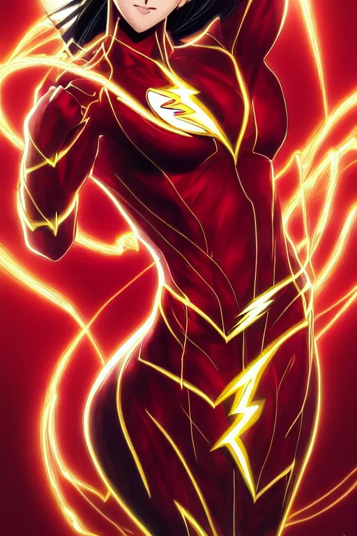 Image similar to anime key visual of a beautiful female the flash!! intricate, red, black, gold suit, powers, speed, lightning hate, dc comics, cinematic, stunning, highly detailed, digital painting, artstation, smooth, hard focus, illustration, art by artgerm and greg rutkowski and alphonse mucha