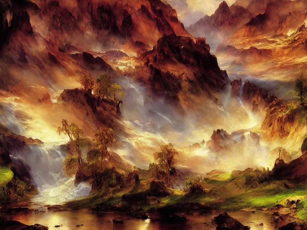 Prompt: a beautiful landscape painting by thomas moran, trending on arstation