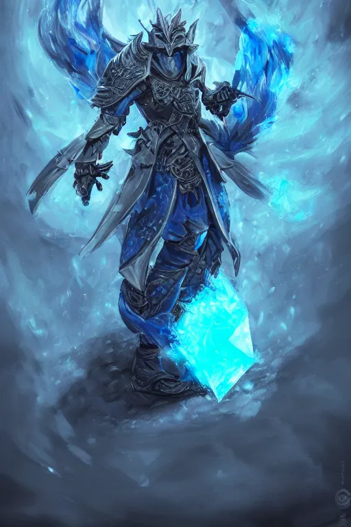 Image similar to anthropomorphic Azure wolf knight, DnD character art portrait, fantasy battleground, raining, blue flame, oil painting, heroic pose, magic the gathering artwork, D&D, fantasy, cinematic lighting, centered, symmetrical, highly detailed, digital painting, artstation, concept art, chromatic aberration, post processing, smooth, sharp focus, illustration, volumetric lighting, epic Composition, 8k, art, DeviantArt, trending on Artstation, Jason Felix, Steve Argyle, Tyler Jacobson, Peter Mohrbacher, Akihiko Yoshida, Greg Rutkowski, Craig Mullins, Frank Frazetta, cinematic lighting