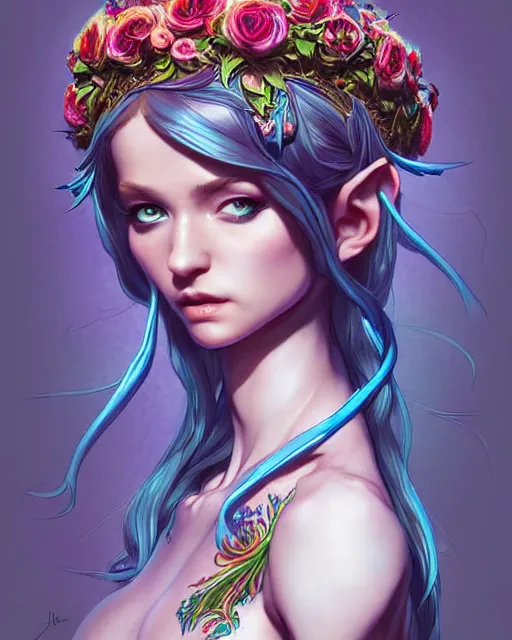 Prompt: digital art, centered full body elven bride with short hair, vivid flower crown ,intricate, veins, by James Jean and by artgerm, by ross tran , ultradetailed, charachter design, concept art, trending on artstation,