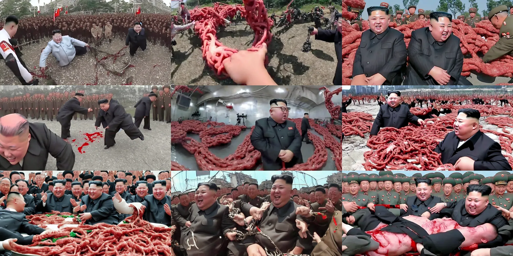 Prompt: gopro footage of kim jong - un getting mangled by a large metal chain, blood and bone, red meat strands