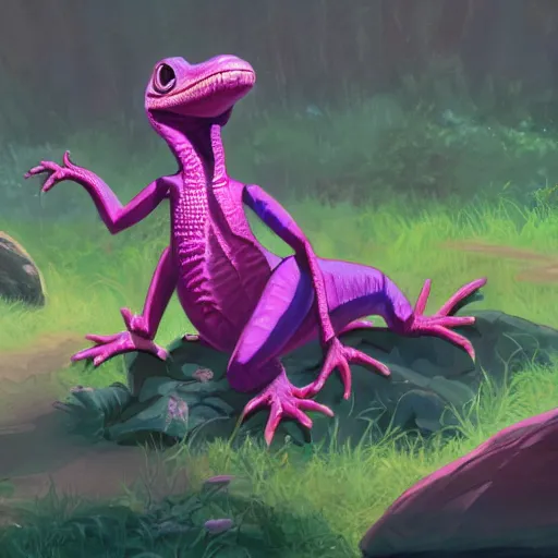 Image similar to concept art painting of an anthropomorphic humanoid lizard wearing magenta wizard robes, in the deep forest, realistic, detailed, cel shaded, in the style of makoto shinkai and greg rutkowski and james gurney