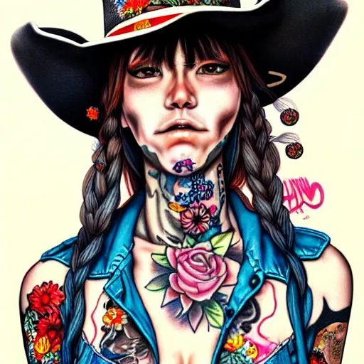 Image similar to full view of cowgirl with tattoos, wearing a cowboy hat, style of yoshii chie and hikari shimoda and martine johanna, highly detailed