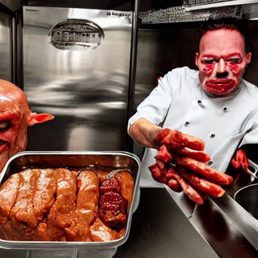 Prompt: human meat restaurant, horror, nightmare, cook, food, cooking