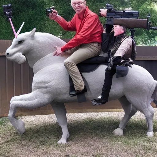 Image similar to mitch mcconnel riding a unicorn while shooting an ar - 1 5.