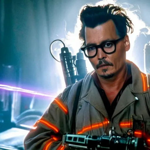 Prompt: Johnny Depp as a Ghostbuster in the movie Ghostbusters movie still 8k hdr moody lighting