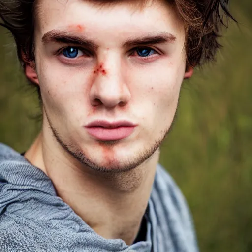 Image similar to portrait of a 2 1 year old german - irish man with long face, long brown hair, strong chin, grey eyes, clean shaven