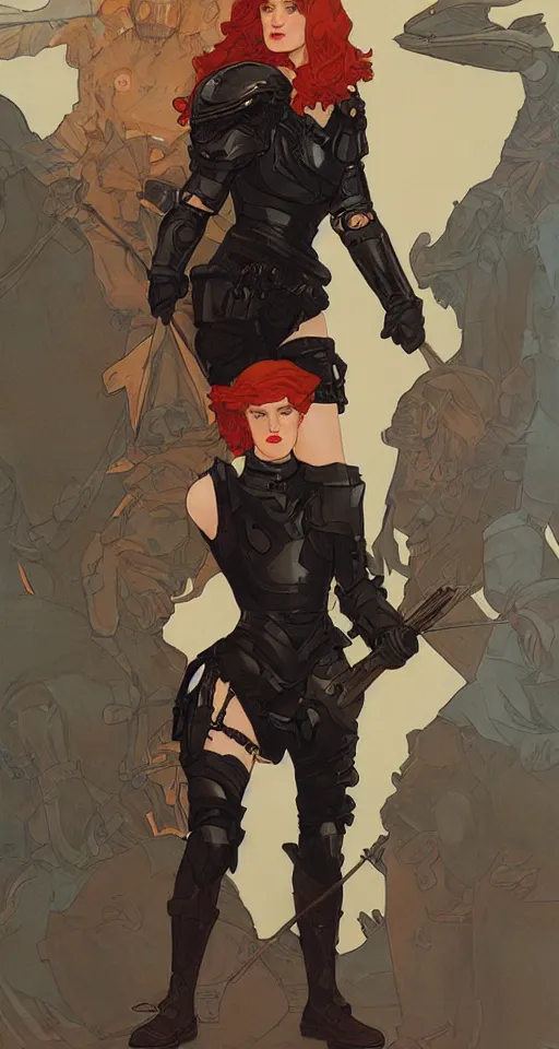 Image similar to redhead mackenzie davis actress wearing black armour with bare legs, mucha, hard shadows and strong rim light, art by jc leyendecker and atey ghailan and sachin teng