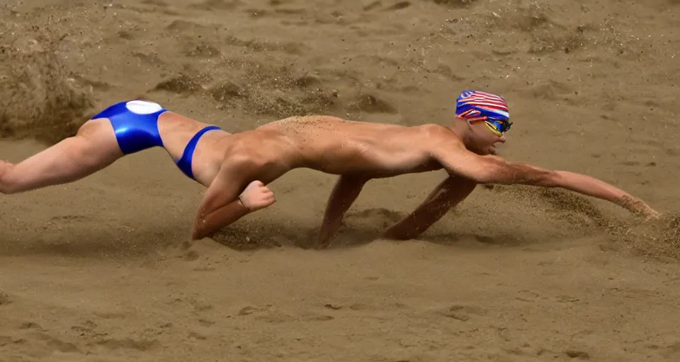 Image similar to olympic swimming in sand instead of water, extremely coherent, motion blur