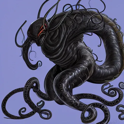Prompt: large running alien quadruped with an elongated body, made our of black squirming tendrils and tentacles, in the shape of a stalking predator