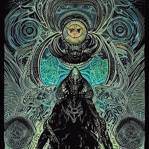 Image similar to black paper + tarot card + eldritch god, vintage detailed sci - fi illustration designed by marc simonetti and mike mignola + psychedelic black light style + intricate ink illustration + symmetry + bloodborne