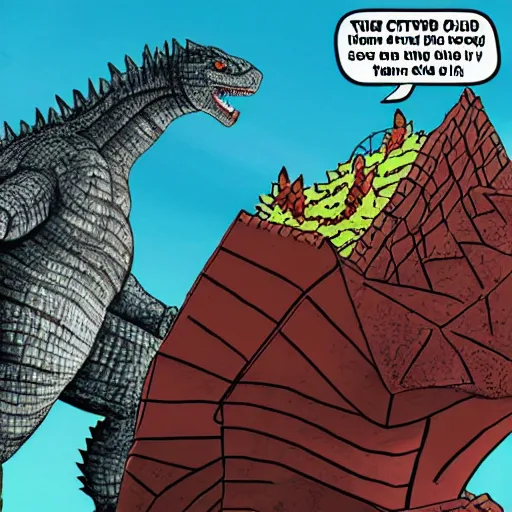 Image similar to godzilla cartoon style, with one hand destroys the city, with the other one eats cake